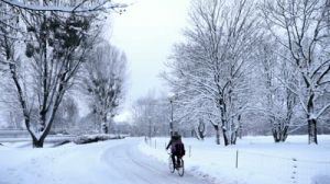 stock footage person biking on winter street slow motion4