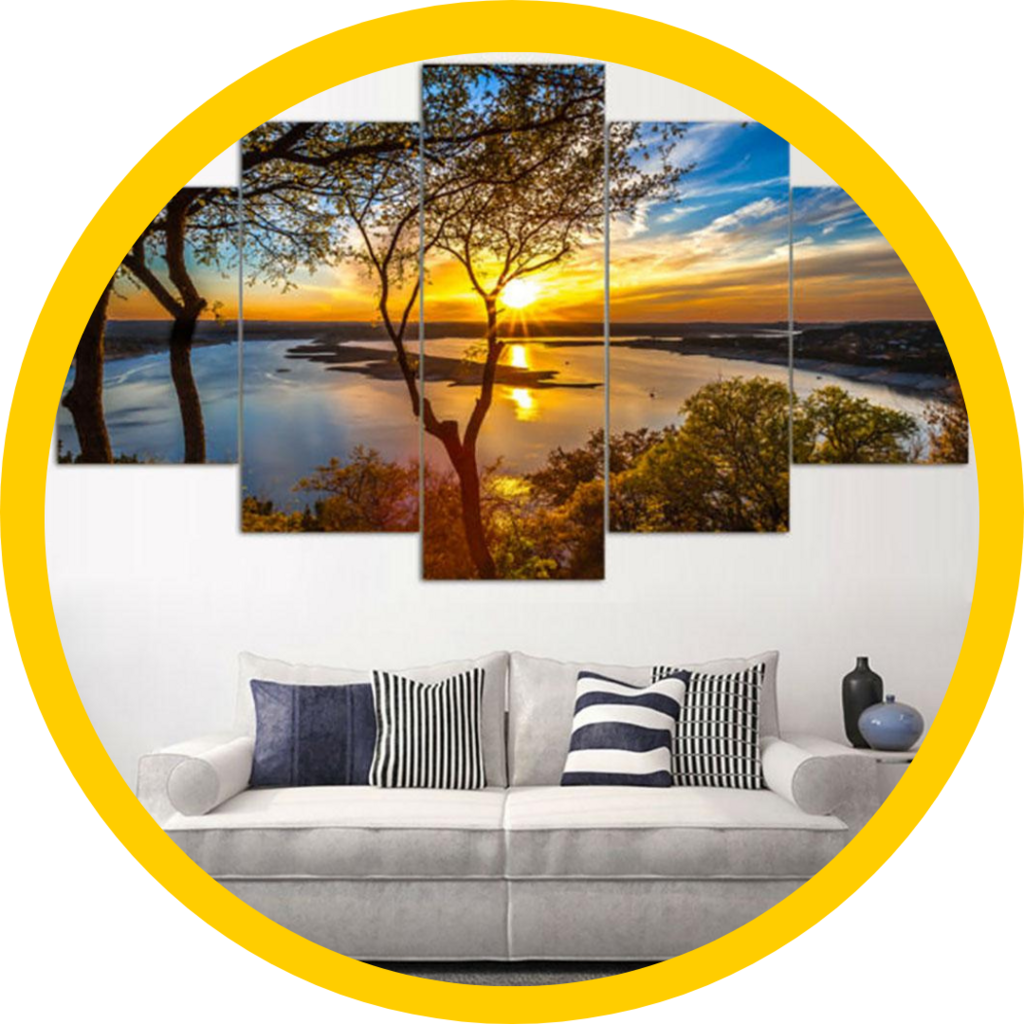 Nature themed wall art hanging over a sofa