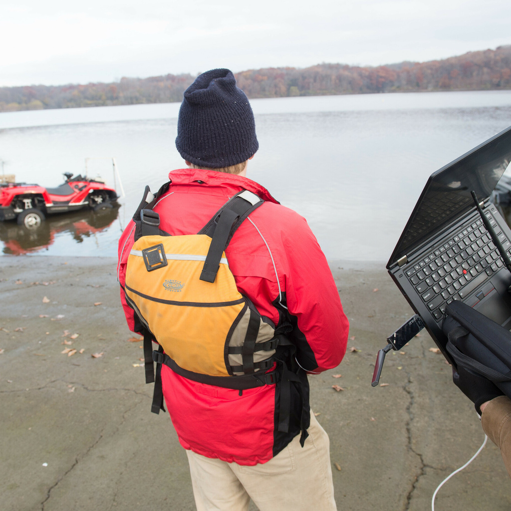 Engineering Professor Casey Harwood is doing some research for the U.S. Navy that involves a new type of amphibious vehicle capable of driving on land and motoring through the water.