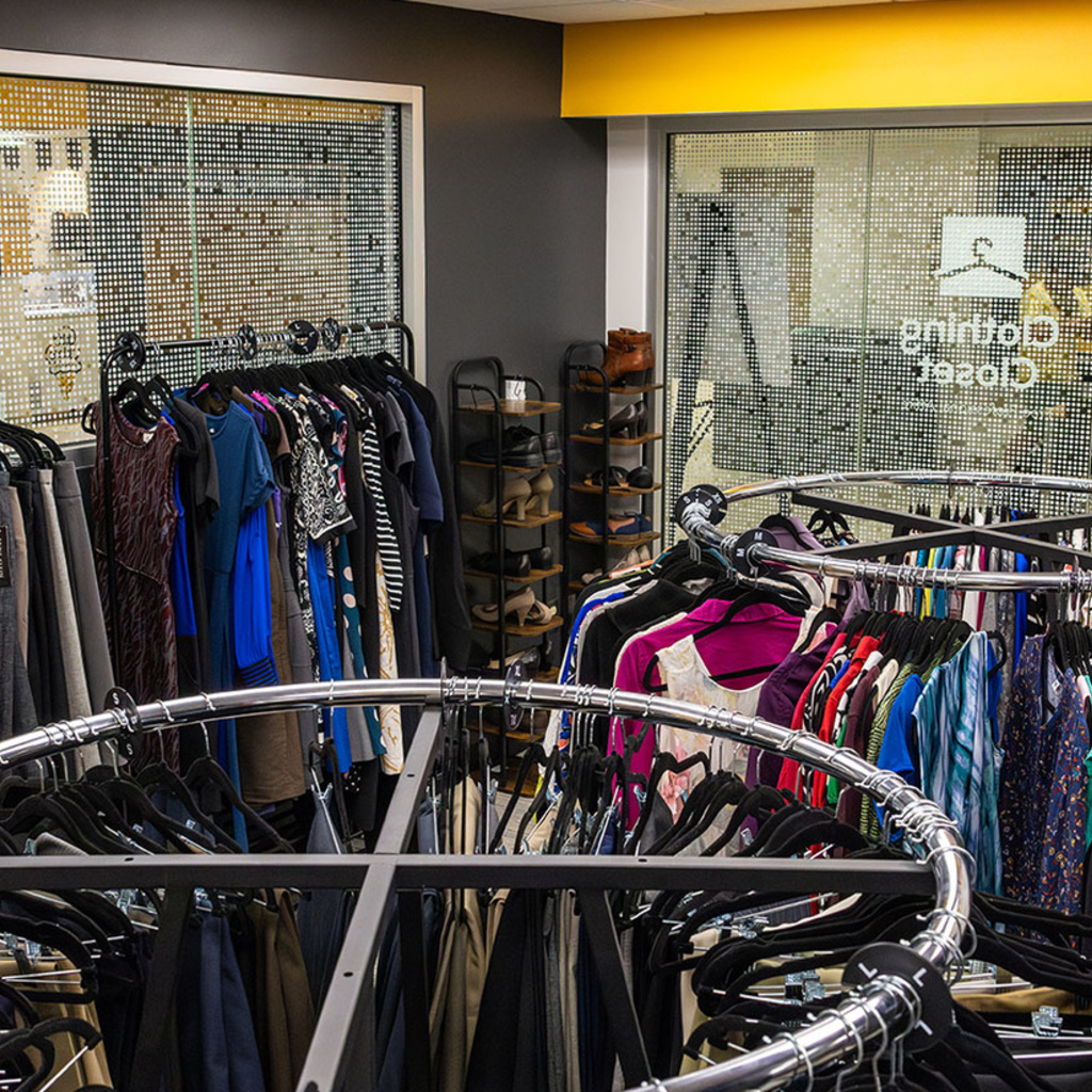 Racks of clothing at the Clothing Closet
