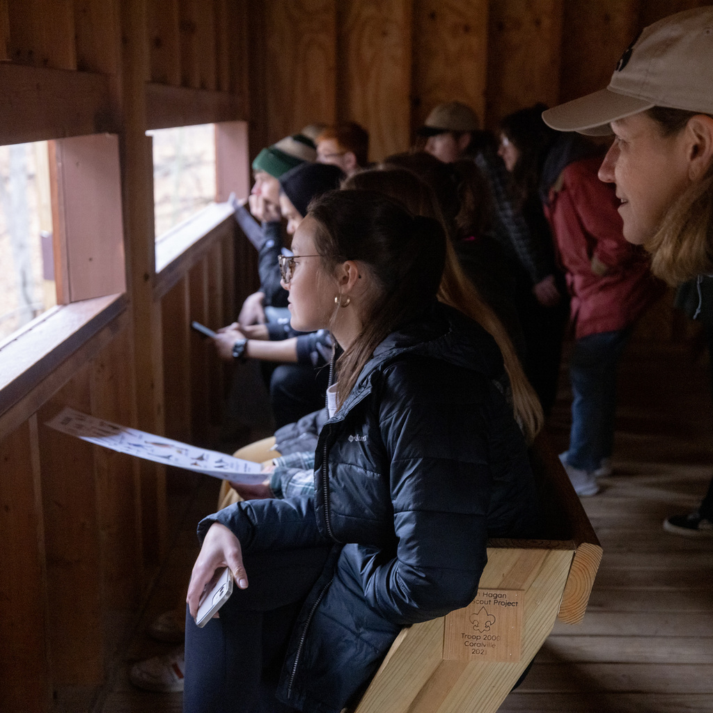 Professor and students observing songbirds from inside a bird blind