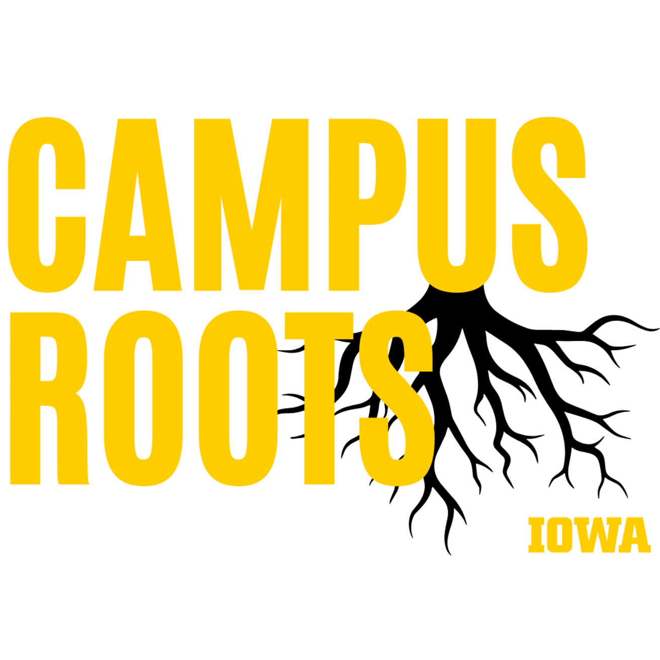 A logo in gold text that reads "campus roots" and "Iowa" with black tree roots extending below the letters