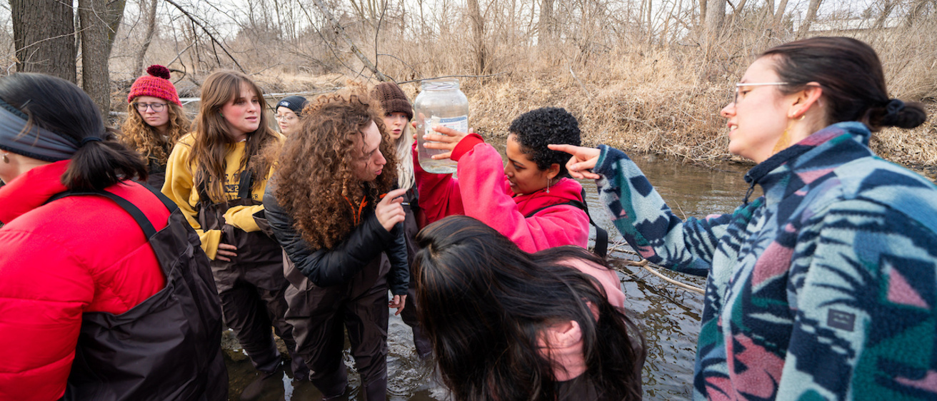 Students observing water samples from a creek