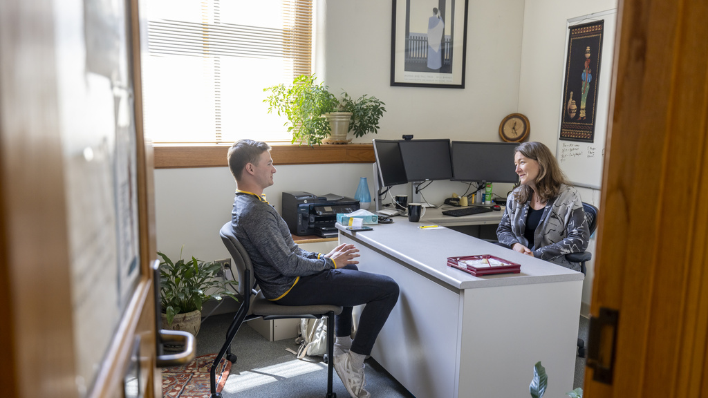 Two people sitting at desk in an office