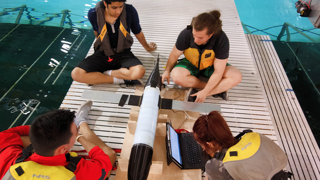 Students doing hydro testing in IIHR wave basin