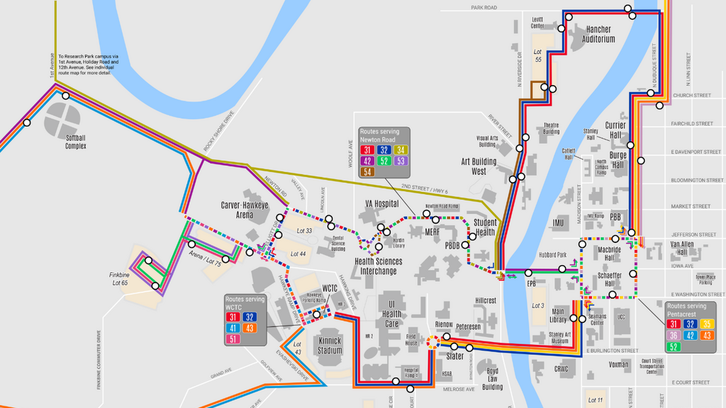 Map of UI campus with Cambus Routes