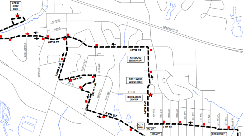 Map of Coralville with bus routes