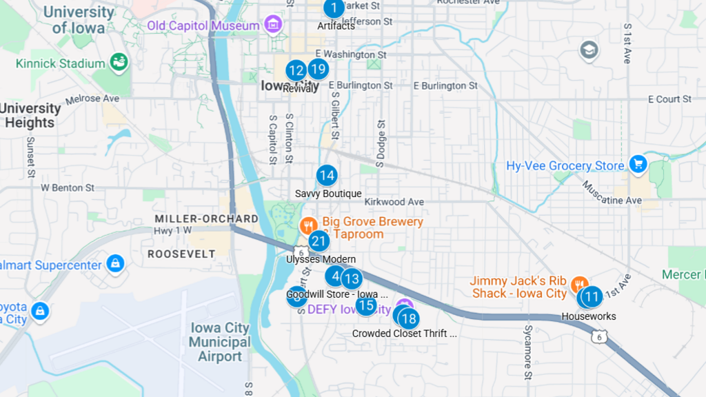 Map of Iowa City with resale and consignment locations marked