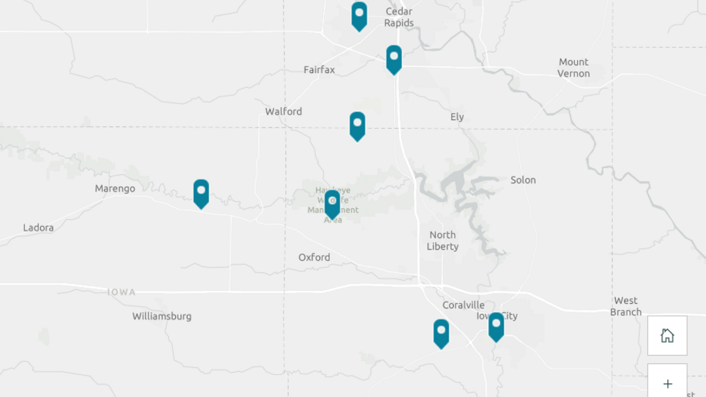 Map of eastern Iowa with markings for volunteer locations