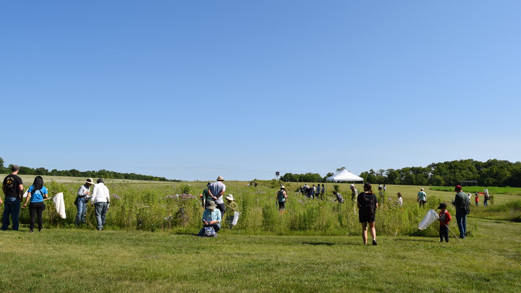 Group of people observing and exploring Ashton Prairie